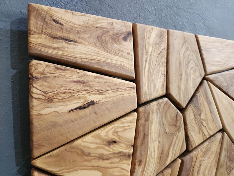 Olive Wood Mosaic Wall Art – Geometric Wooden Wall Panel, Handmade Natural Wood Decor