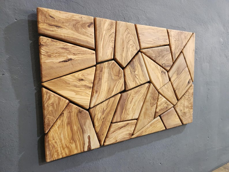 Olive Wood Mosaic Wall Art – Geometric Wooden Wall Panel, Handmade Natural Wood Decor