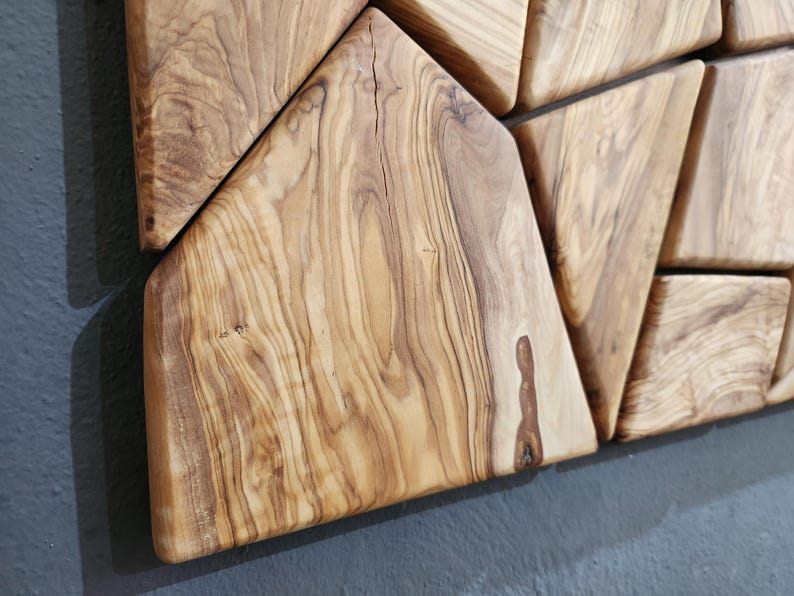 Olive Wood Mosaic Wall Art – Geometric Wooden Wall Panel, Handmade Natural Wood Decor