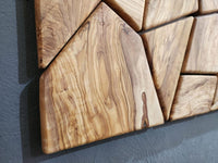 Olive Wood Mosaic Wall Art – Geometric Wooden Wall Panel, Handmade Natural Wood Decor