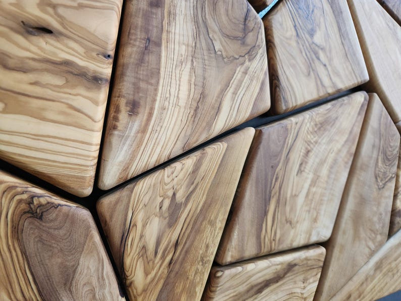 Olive Wood Mosaic Wall Art – Geometric Wooden Wall Panel, Handmade Natural Wood Decor