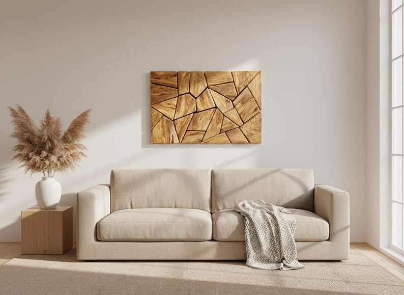 Olive Wood Mosaic Wall Art – Geometric Wooden Wall Panel, Handmade Natural Wood Decor