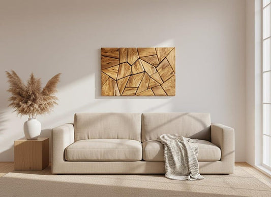 Olive Wood Mosaic Wall Art – Geometric Wooden Wall Panel, Handmade Natural Wood Decor