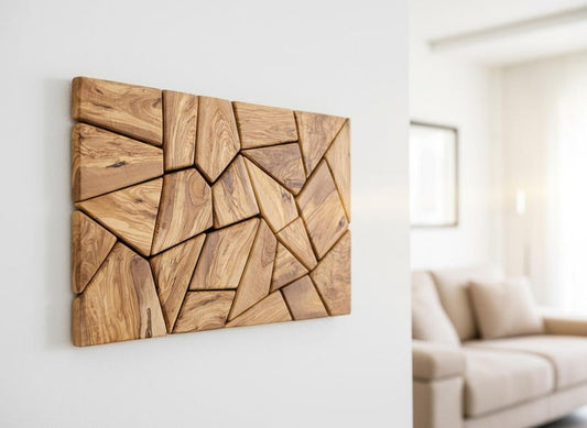 Olive Wood Mosaic Wall Art – Geometric Wooden Wall Panel, Handmade Natural Wood Decor