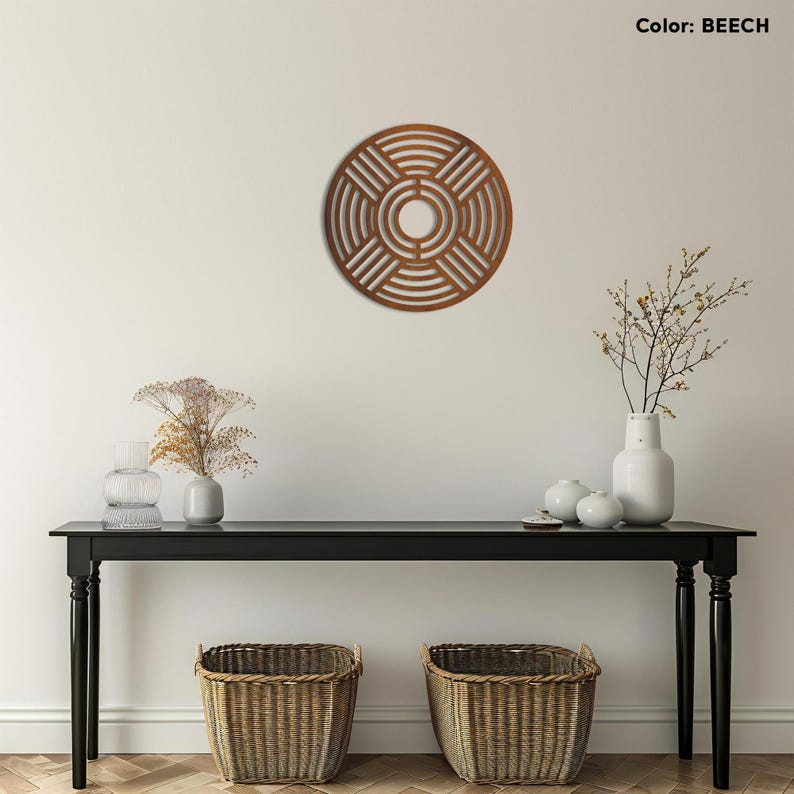Large Round Wood Wall Art – Handmade Geometric Circle Panel, Abstract Boho Wall Decor