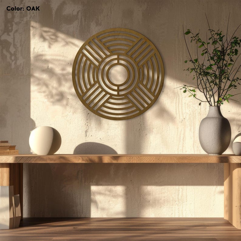 Large Round Wood Wall Art – Handmade Geometric Circle Panel, Abstract Boho Wall Decor