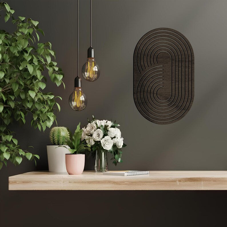 Boho Wooden Wall Art – Abstract Geometric Ellipse Wall Decor, Oval Mid-Century Modern Wood Hanging