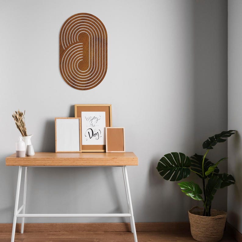 Boho Wooden Wall Art – Abstract Geometric Ellipse Wall Decor, Oval Mid-Century Modern Wood Hanging